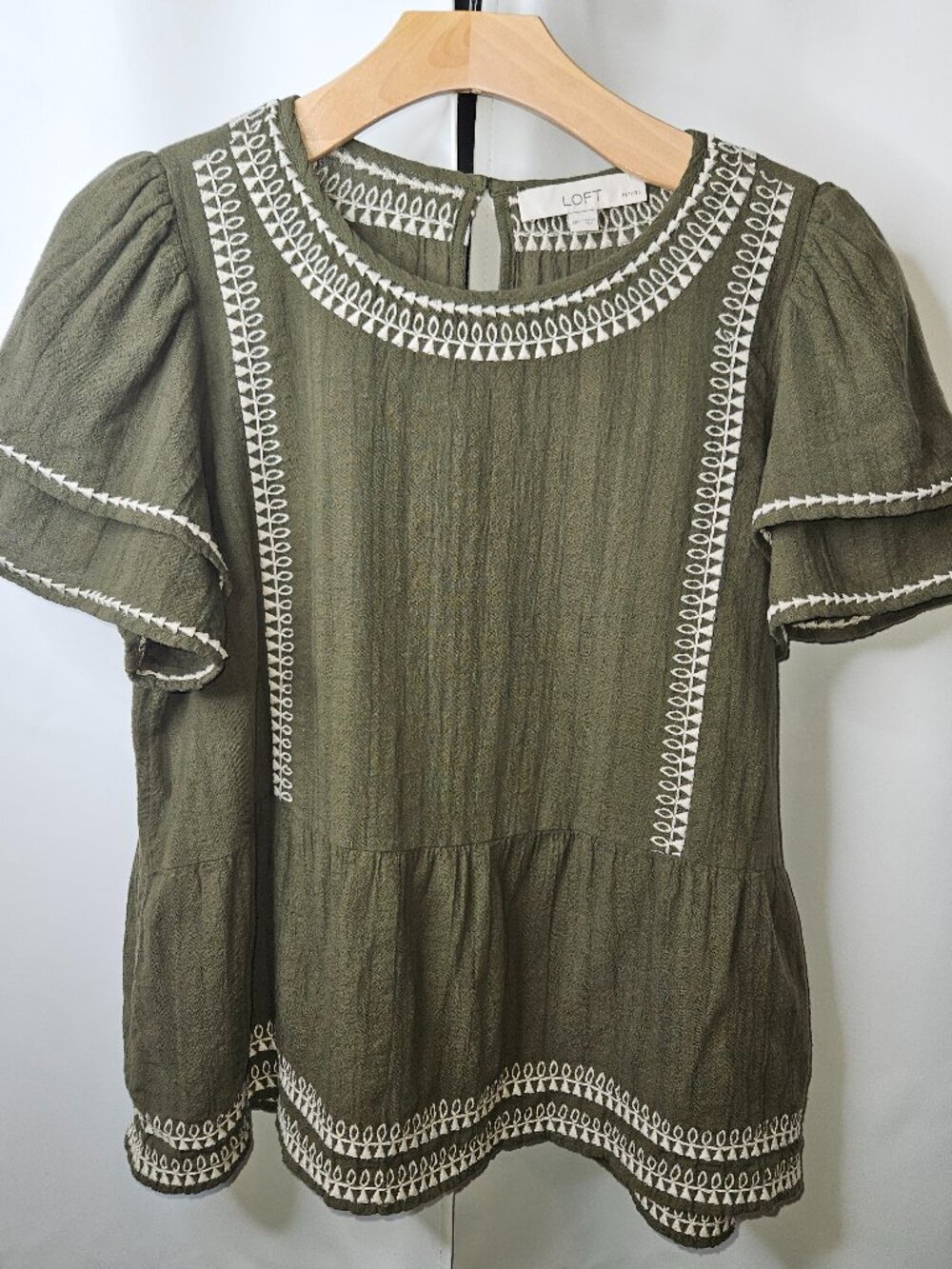 LOFT Embroidered Boho Flutter Sleeve Peplum Top Olive Green - Med P